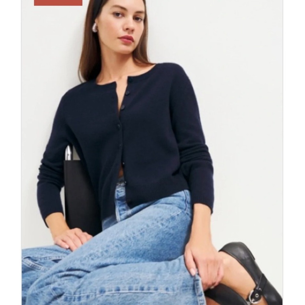 Reformation Clara Cardigan Blue Cashmere Old Money Sweater Size M Minimalist